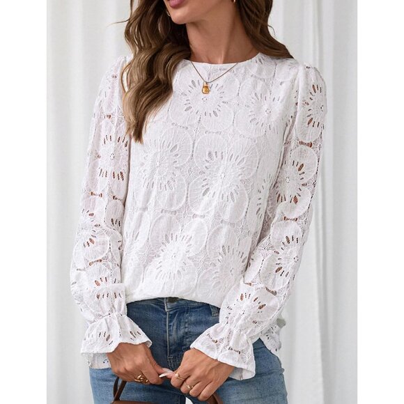 Lace Long Sleeve Top Womens Crewneck Eyelet Blouse Dressy Casual Plus Size - Picture 4 of 5